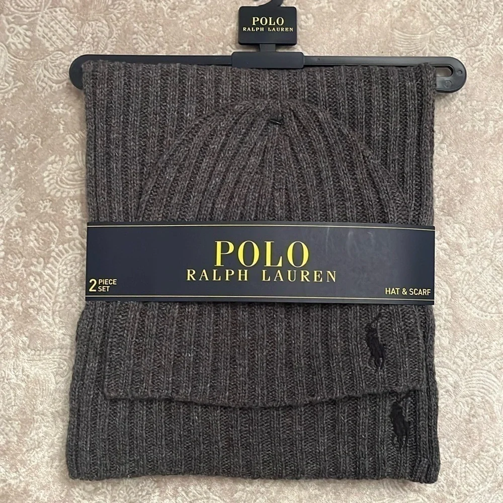Brand New Polo Ralph Lauren 2-Piece Knit Beanie Hat & Scarf Set Gray Wool Pony